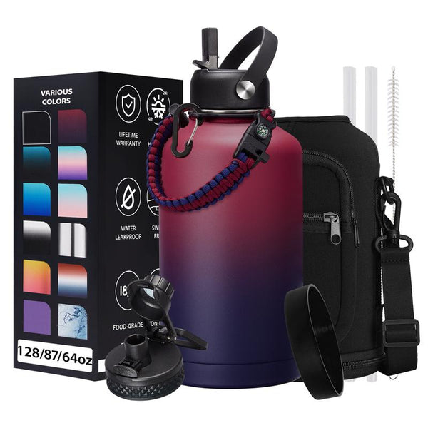 32/40/64/87/128 OZ Vacuum Insulated Water Bottle - Keep Hot Cold Vacuum Gallon Flasks with Straw & Spout Lids, Paracord Handle, Water Bottler Carrier Holder & Protective Cup Mat, 1.8L Stainless Steel Water Jug