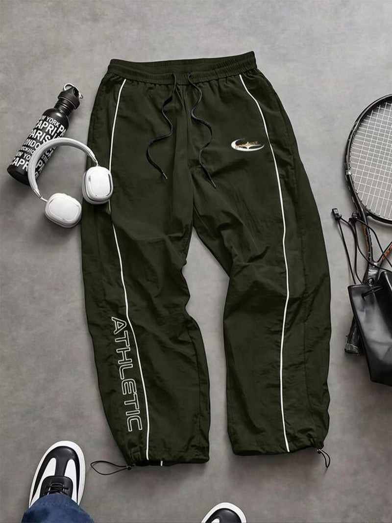 Men'S Casual Sporty Long Pants, Loose Fit Drawstring Cuff, Fashionable Print, Lightweight Fabric, Perfect for Daily Wear