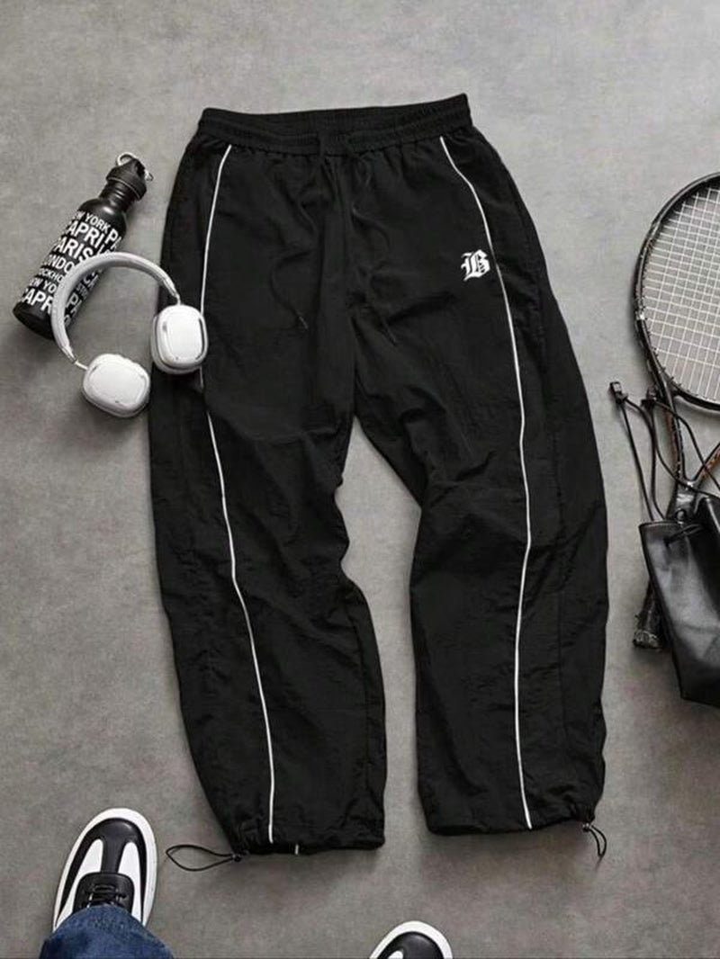 Men'S Casual Sporty Long Pants, Loose Fit Drawstring Cuff, Fashionable Print, Lightweight Fabric, Perfect for Daily Wear