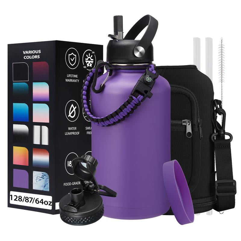 32/40/64/87/128 OZ Vacuum Insulated Water Bottle - Keep Hot Cold Vacuum Gallon Flasks with Straw & Spout Lids, Paracord Handle, Water Bottler Carrier Holder & Protective Cup Mat, 1.8L Stainless Steel Water Jug