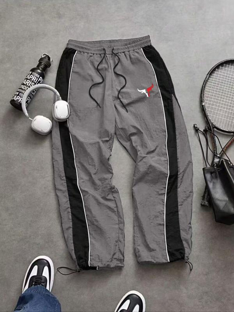Men'S Casual Sporty Long Pants, Loose Fit Drawstring Cuff, Fashionable Print, Lightweight Fabric, Perfect for Daily Wear