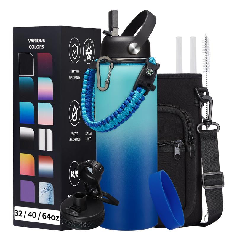 32/40/64/87/128 OZ Vacuum Insulated Water Bottle - Keep Hot Cold Vacuum Gallon Flasks with Straw & Spout Lids, Paracord Handle, Water Bottler Carrier Holder & Protective Cup Mat, 1.8L Stainless Steel Water Jug