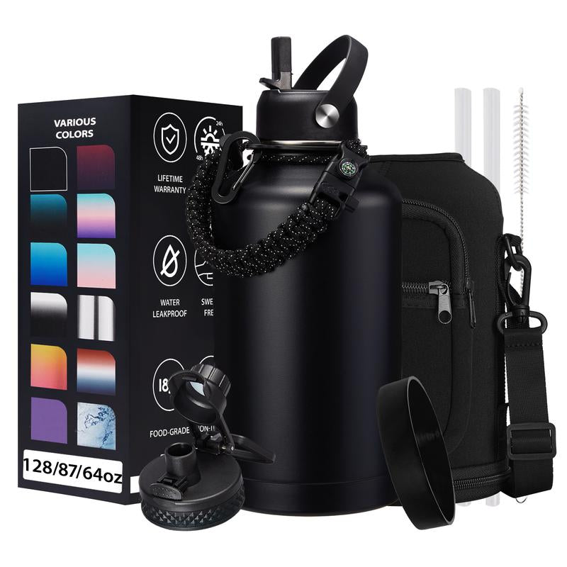 32/40/64/87/128 OZ Vacuum Insulated Water Bottle - Keep Hot Cold Vacuum Gallon Flasks with Straw & Spout Lids, Paracord Handle, Water Bottler Carrier Holder & Protective Cup Mat, 1.8L Stainless Steel Water Jug