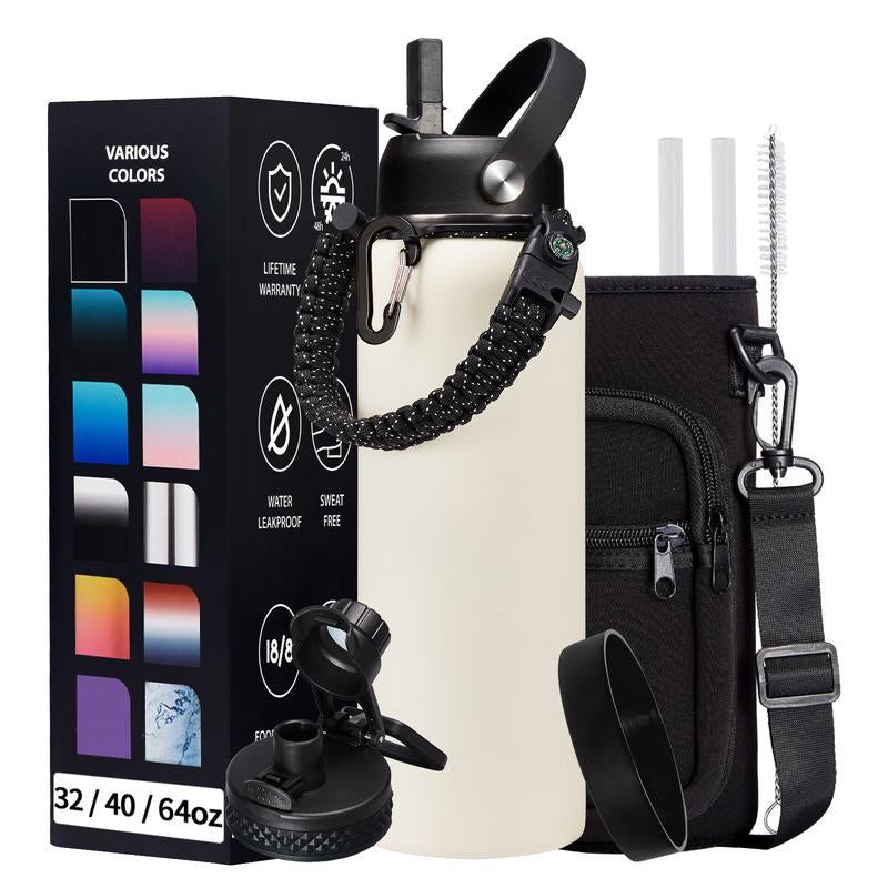 32/40/64/87/128 OZ Vacuum Insulated Water Bottle - Keep Hot Cold Vacuum Gallon Flasks with Straw & Spout Lids, Paracord Handle, Water Bottler Carrier Holder & Protective Cup Mat, 1.8L Stainless Steel Water Jug