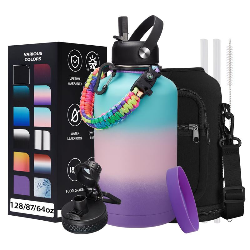 32/40/64/87/128 OZ Vacuum Insulated Water Bottle - Keep Hot Cold Vacuum Gallon Flasks with Straw & Spout Lids, Paracord Handle, Water Bottler Carrier Holder & Protective Cup Mat, 1.8L Stainless Steel Water Jug