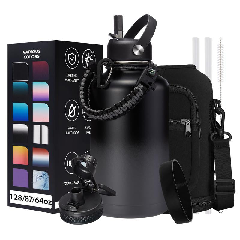 32/40/64/87/128 OZ Vacuum Insulated Water Bottle - Keep Hot Cold Vacuum Gallon Flasks with Straw & Spout Lids, Paracord Handle, Water Bottler Carrier Holder & Protective Cup Mat, 1.8L Stainless Steel Water Jug