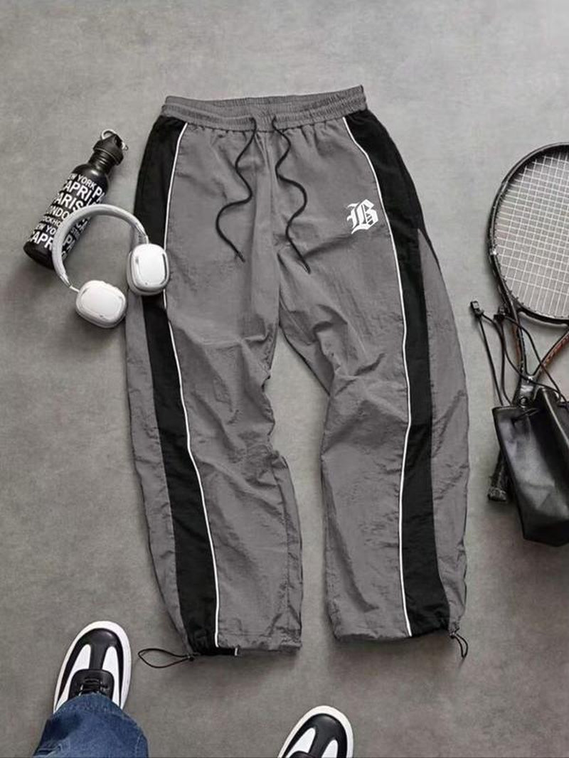 Men'S Casual Sporty Long Pants, Loose Fit Drawstring Cuff, Fashionable Print, Lightweight Fabric, Perfect for Daily Wear