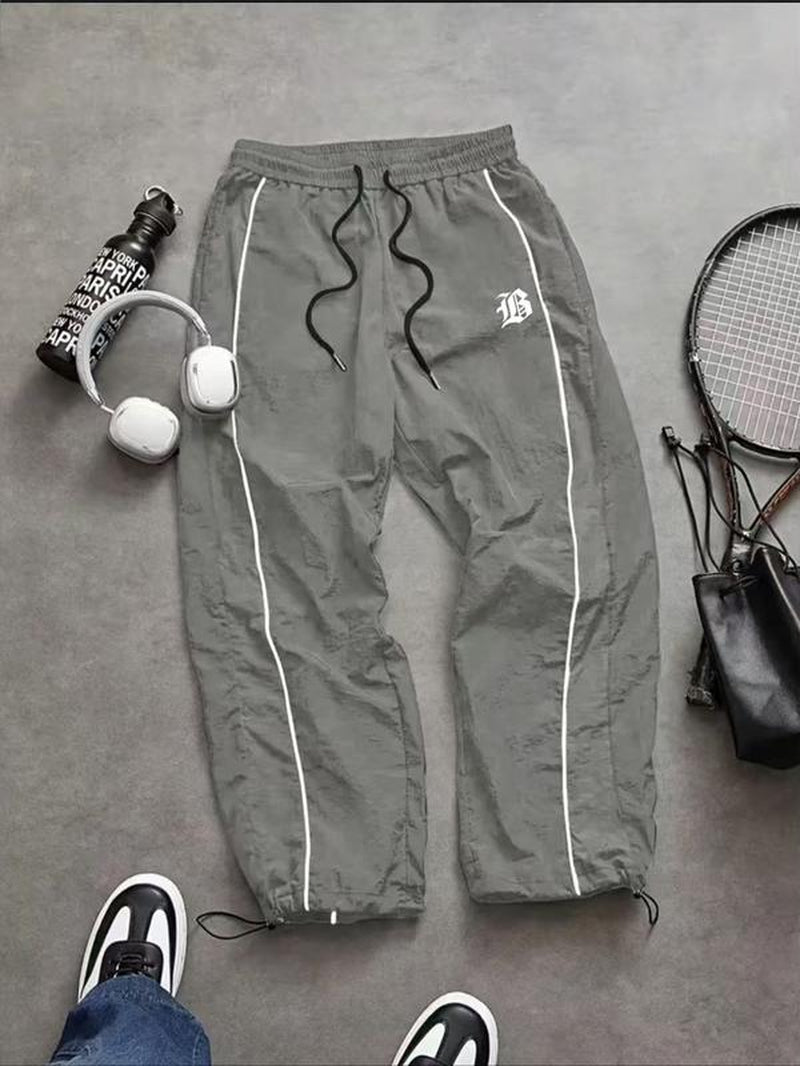 Men'S Casual Sporty Long Pants, Loose Fit Drawstring Cuff, Fashionable Print, Lightweight Fabric, Perfect for Daily Wear