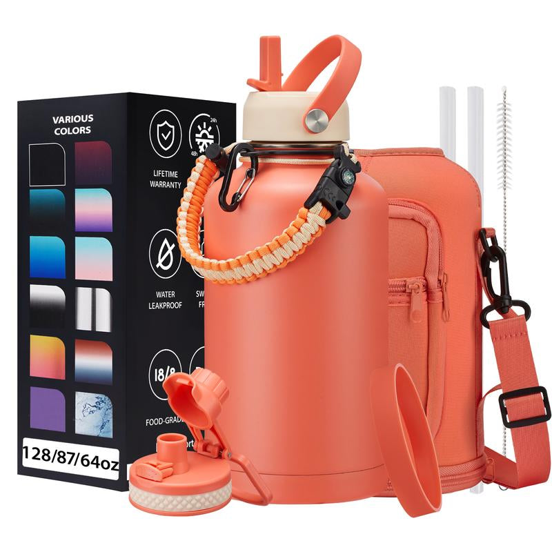 32/40/64/87/128 OZ Vacuum Insulated Water Bottle - Keep Hot Cold Vacuum Gallon Flasks with Straw & Spout Lids, Paracord Handle, Water Bottler Carrier Holder & Protective Cup Mat, 1.8L Stainless Steel Water Jug