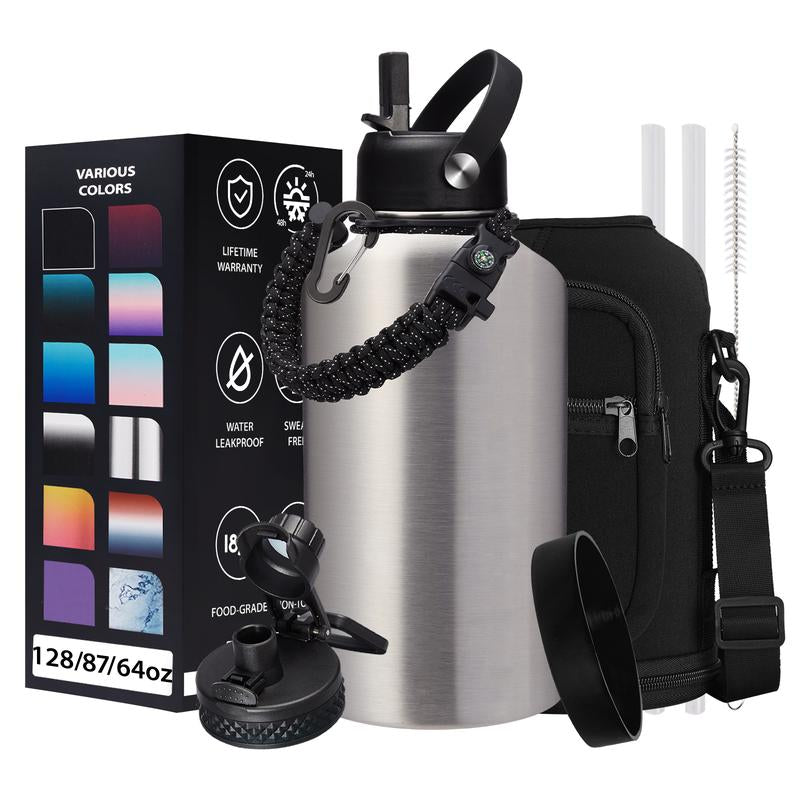32/40/64/87/128 OZ Vacuum Insulated Water Bottle - Keep Hot Cold Vacuum Gallon Flasks with Straw & Spout Lids, Paracord Handle, Water Bottler Carrier Holder & Protective Cup Mat, 1.8L Stainless Steel Water Jug