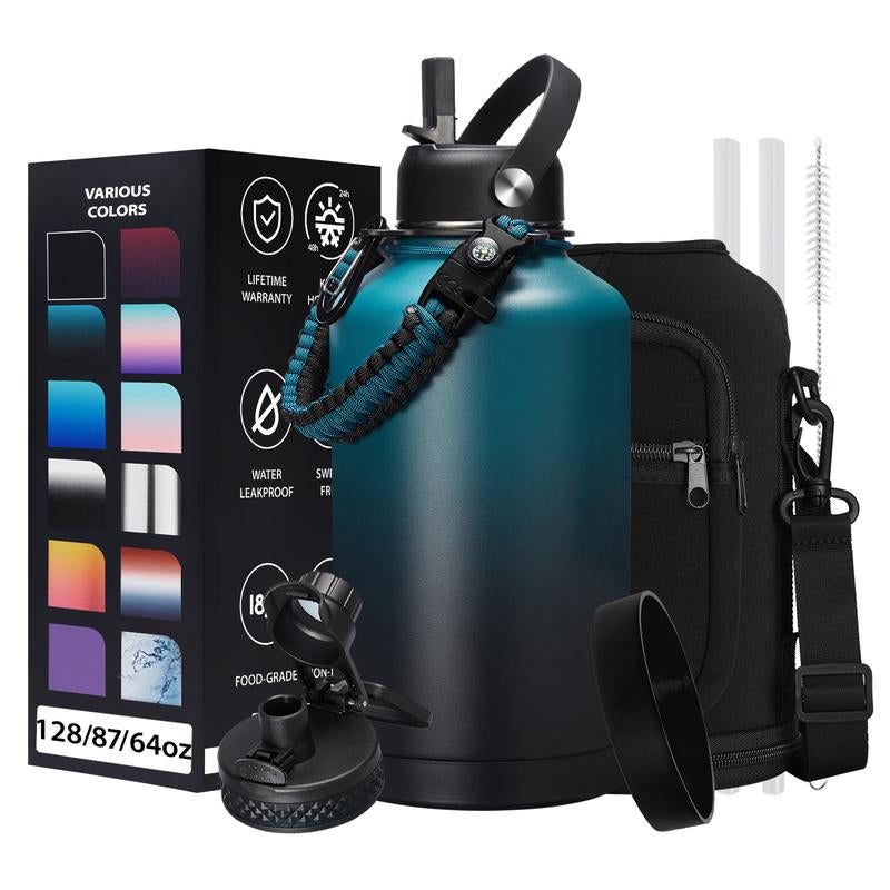 32/40/64/87/128 OZ Vacuum Insulated Water Bottle - Keep Hot Cold Vacuum Gallon Flasks with Straw & Spout Lids, Paracord Handle, Water Bottler Carrier Holder & Protective Cup Mat, 1.8L Stainless Steel Water Jug