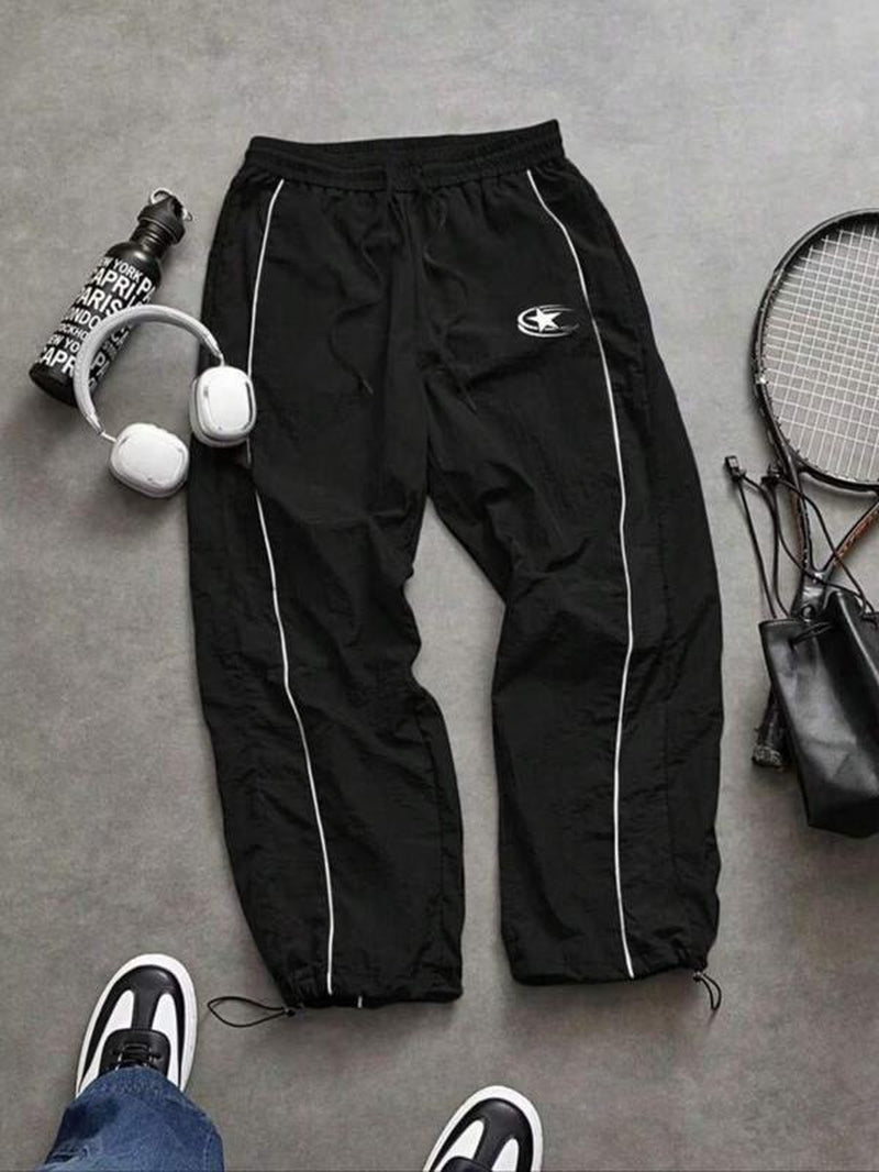 Men'S Casual Sporty Long Pants, Loose Fit Drawstring Cuff, Fashionable Print, Lightweight Fabric, Perfect for Daily Wear