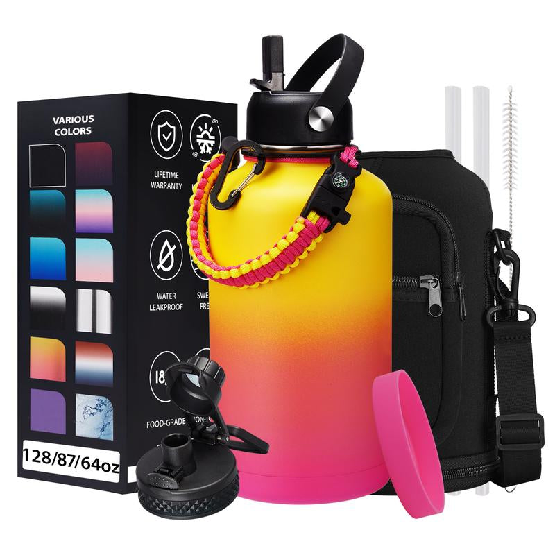 32/40/64/87/128 OZ Vacuum Insulated Water Bottle - Keep Hot Cold Vacuum Gallon Flasks with Straw & Spout Lids, Paracord Handle, Water Bottler Carrier Holder & Protective Cup Mat, 1.8L Stainless Steel Water Jug