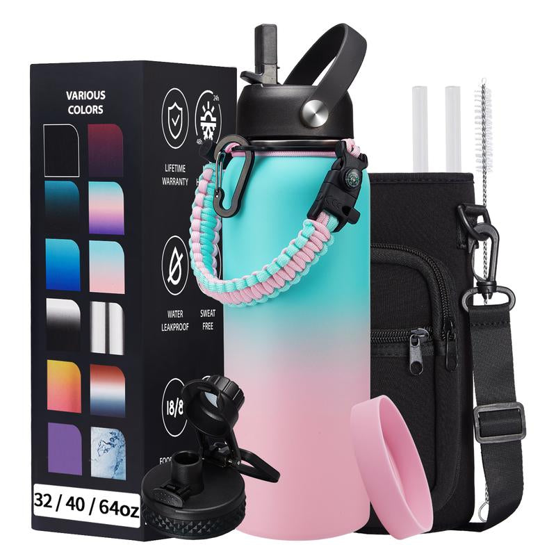32/40/64/87/128 OZ Vacuum Insulated Water Bottle - Keep Hot Cold Vacuum Gallon Flasks with Straw & Spout Lids, Paracord Handle, Water Bottler Carrier Holder & Protective Cup Mat, 1.8L Stainless Steel Water Jug