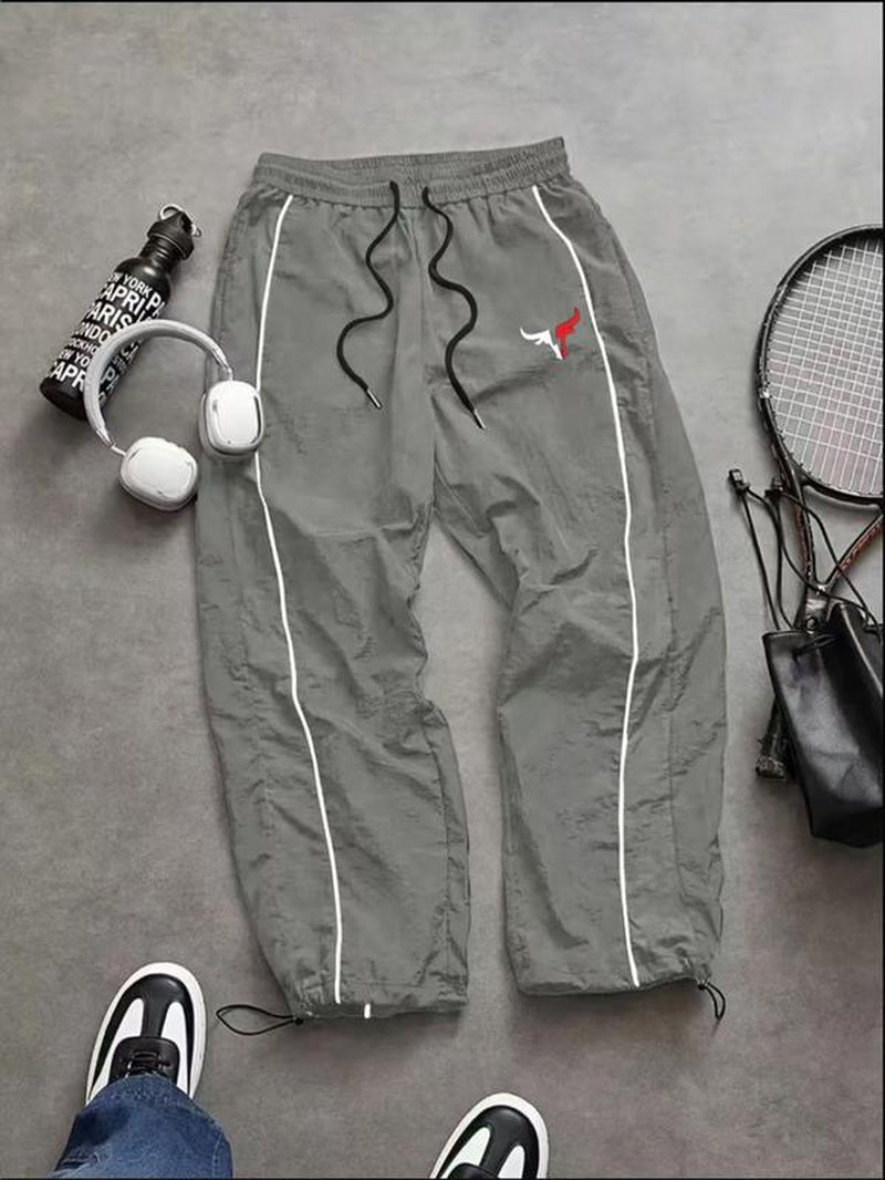 Men'S Casual Sporty Long Pants, Loose Fit Drawstring Cuff, Fashionable Print, Lightweight Fabric, Perfect for Daily Wear
