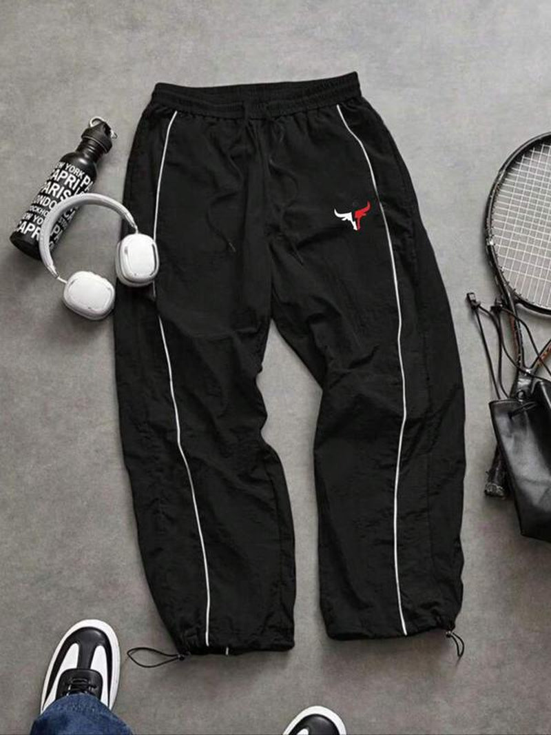 Men'S Casual Sporty Long Pants, Loose Fit Drawstring Cuff, Fashionable Print, Lightweight Fabric, Perfect for Daily Wear