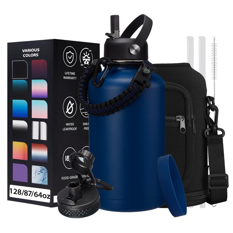 32/40/64/87/128 OZ Vacuum Insulated Water Bottle - Keep Hot Cold Vacuum Gallon Flasks with Straw & Spout Lids, Paracord Handle, Water Bottler Carrier Holder & Protective Cup Mat, 1.8L Stainless Steel Water Jug