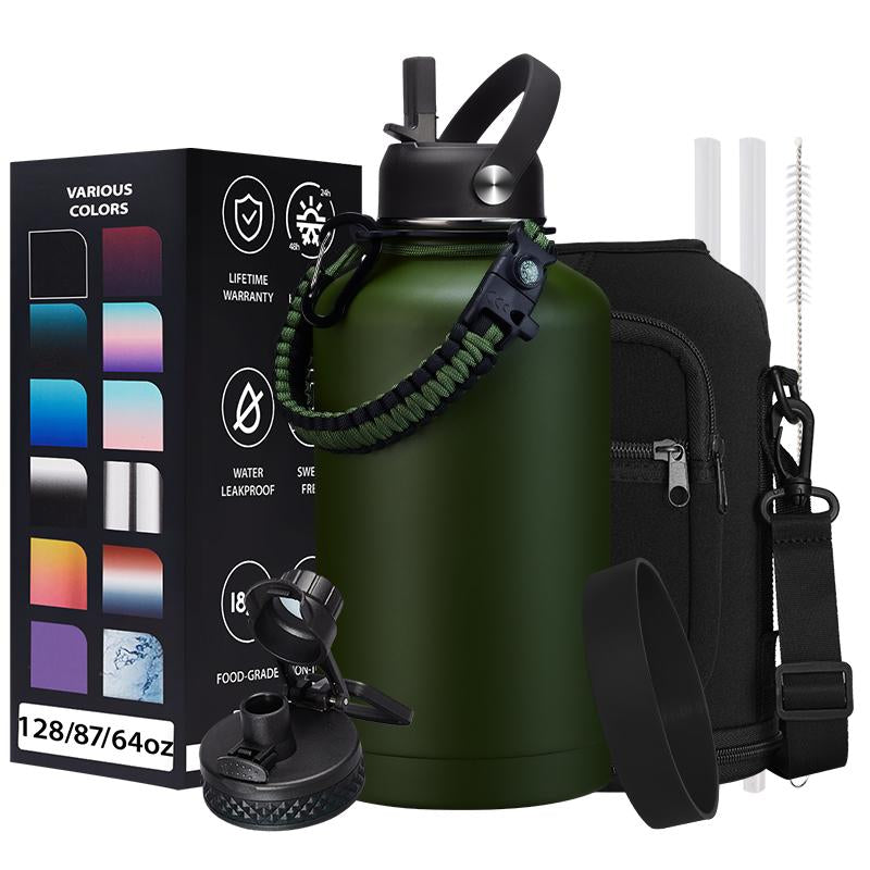 32/40/64/87/128 OZ Vacuum Insulated Water Bottle - Keep Hot Cold Vacuum Gallon Flasks with Straw & Spout Lids, Paracord Handle, Water Bottler Carrier Holder & Protective Cup Mat, 1.8L Stainless Steel Water Jug