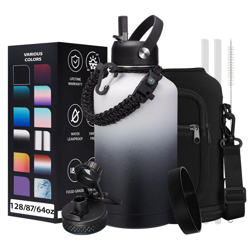 32/40/64/87/128 OZ Vacuum Insulated Water Bottle - Keep Hot Cold Vacuum Gallon Flasks with Straw & Spout Lids, Paracord Handle, Water Bottler Carrier Holder & Protective Cup Mat, 1.8L Stainless Steel Water Jug